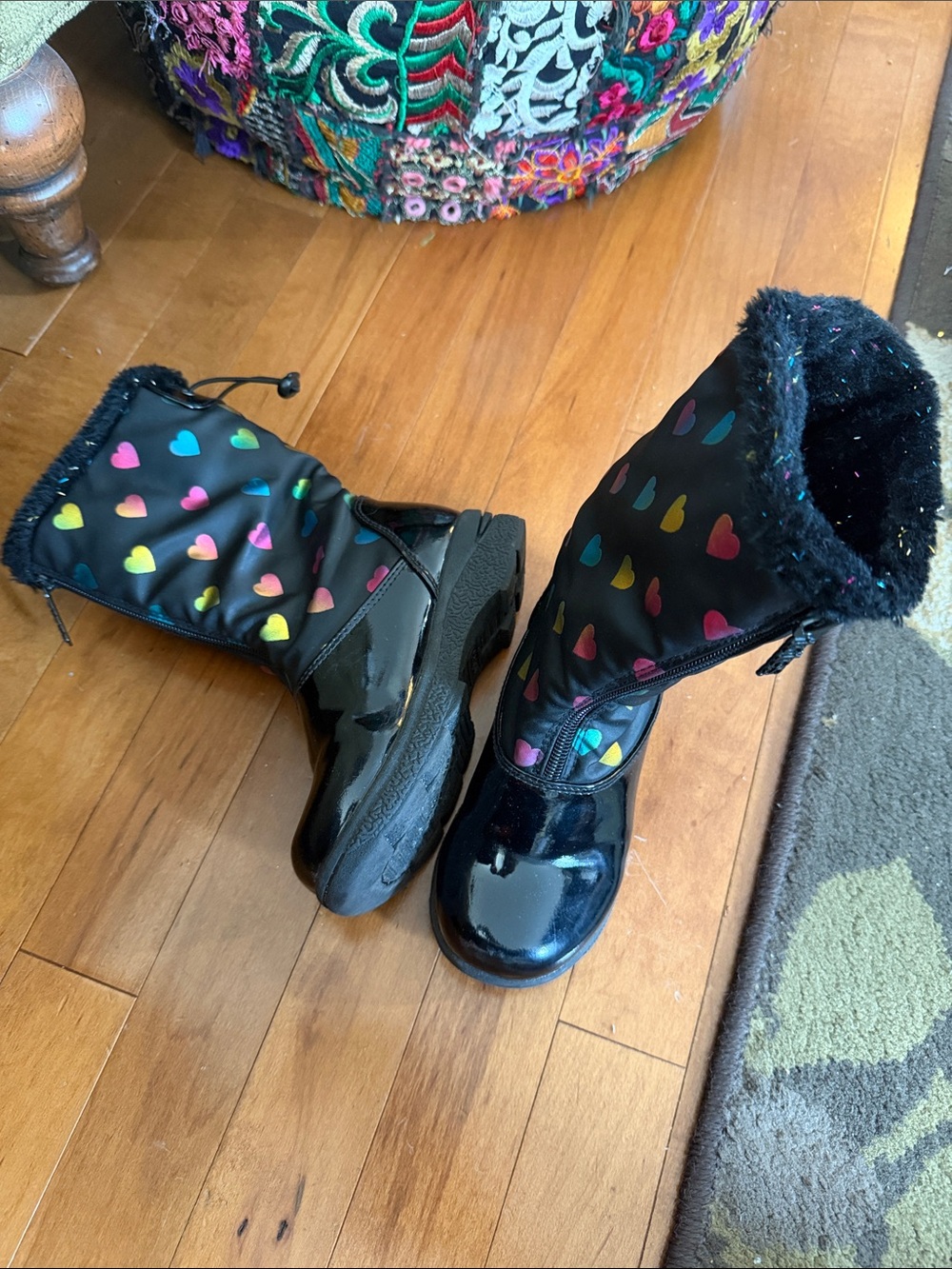 Totes Black Kids Rain & Snow Boots with Colorful Heart Print